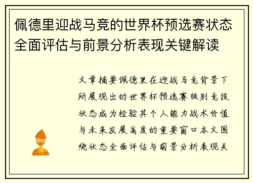 佩德里迎战马竞的世界杯预选赛状态全面评估与前景分析表现关键解读