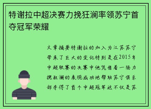 特谢拉中超决赛力挽狂澜率领苏宁首夺冠军荣耀