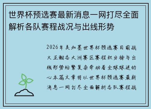 世界杯预选赛最新消息一网打尽全面解析各队赛程战况与出线形势