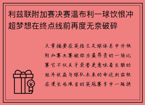 利兹联附加赛决赛温布利一球饮恨冲超梦想在终点线前再度无奈破碎